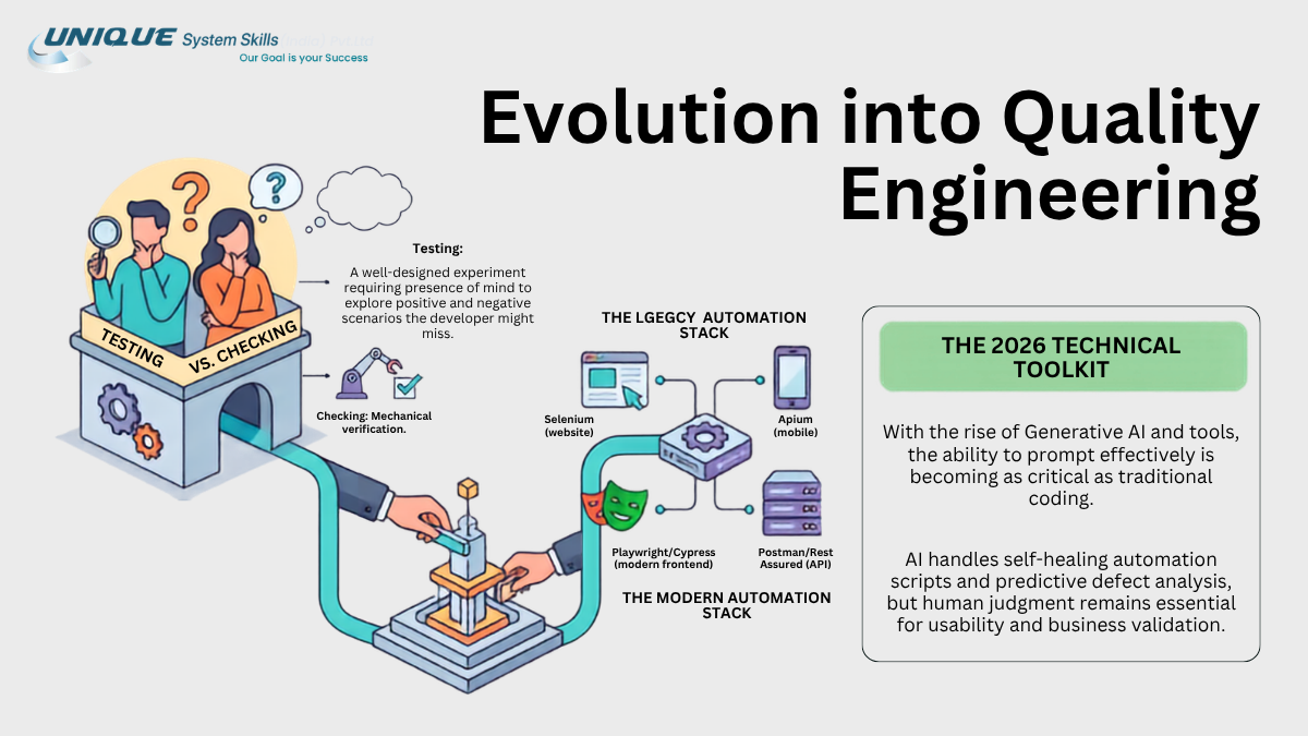 Software Testing Growth & Future Scope in India 2 Evolution of software testing into quality engineering, comparing testing vs checking, legacy and modern automation stacks, and the 2026 technical toolkit with AI.