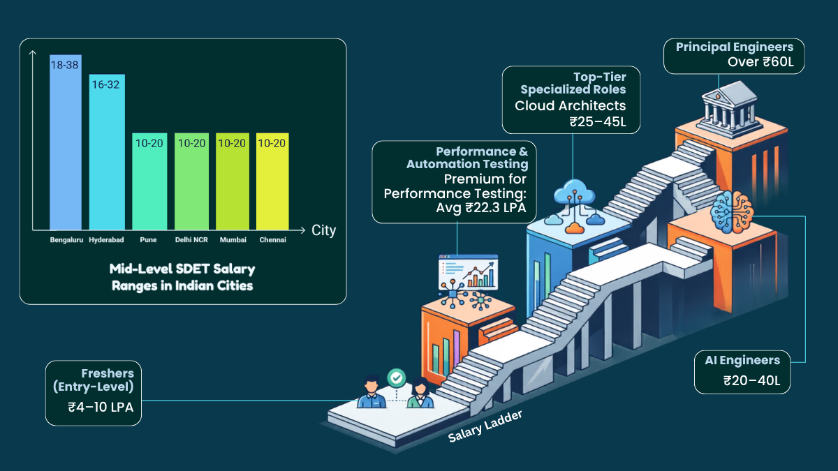 SDET salary growth infographic showing entry-level to principal engineer salaries, specialized cloud and AI roles, and mid-level salary ranges across major Indian cities.