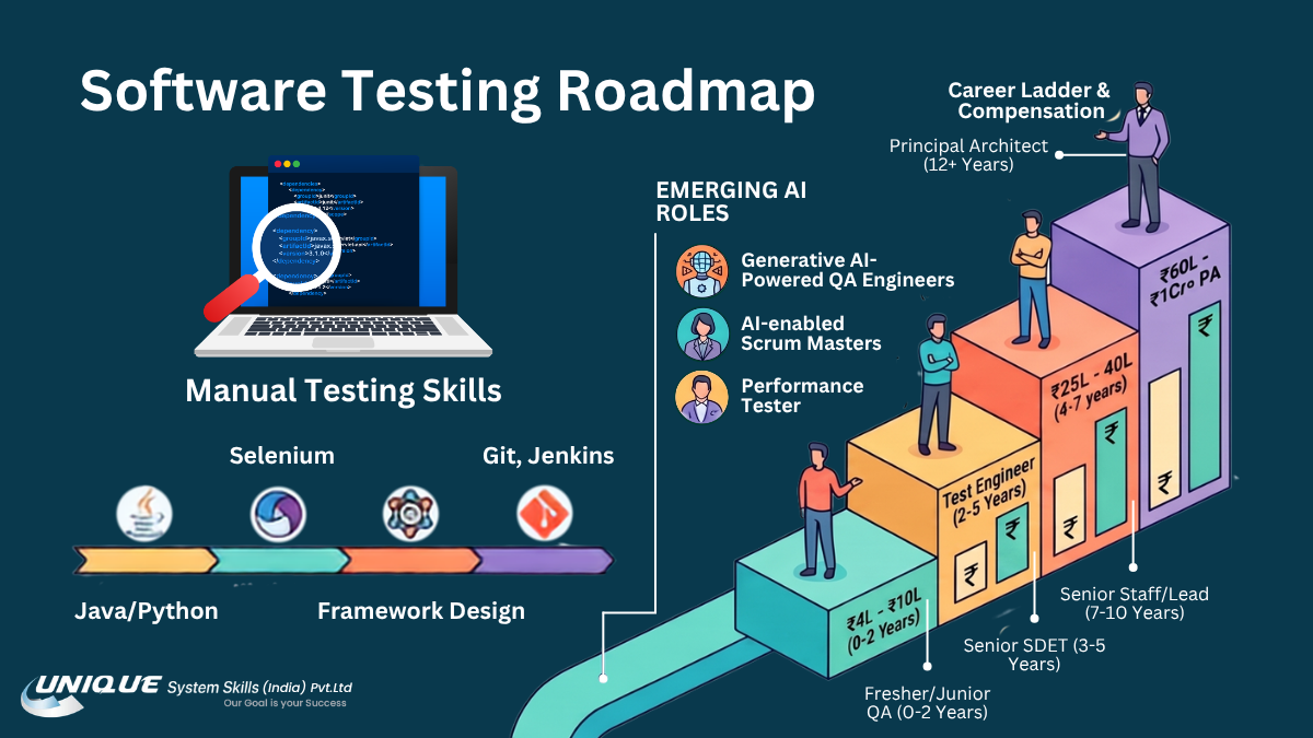 Software Testing Growth & Future Scope in India 3 Software testing roadmap showing manual testing skills, Java or Python, Selenium, framework design, Git and Jenkins, emerging AI QA roles, and a career progression ladder from junior QA to principal architect.