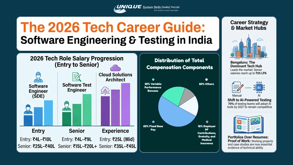 Tech career guide infographic showing software engineering and testing salaries in India, compensation breakdown, Bengaluru career opportunities, AI-powered testing trends, and portfolio importance.
