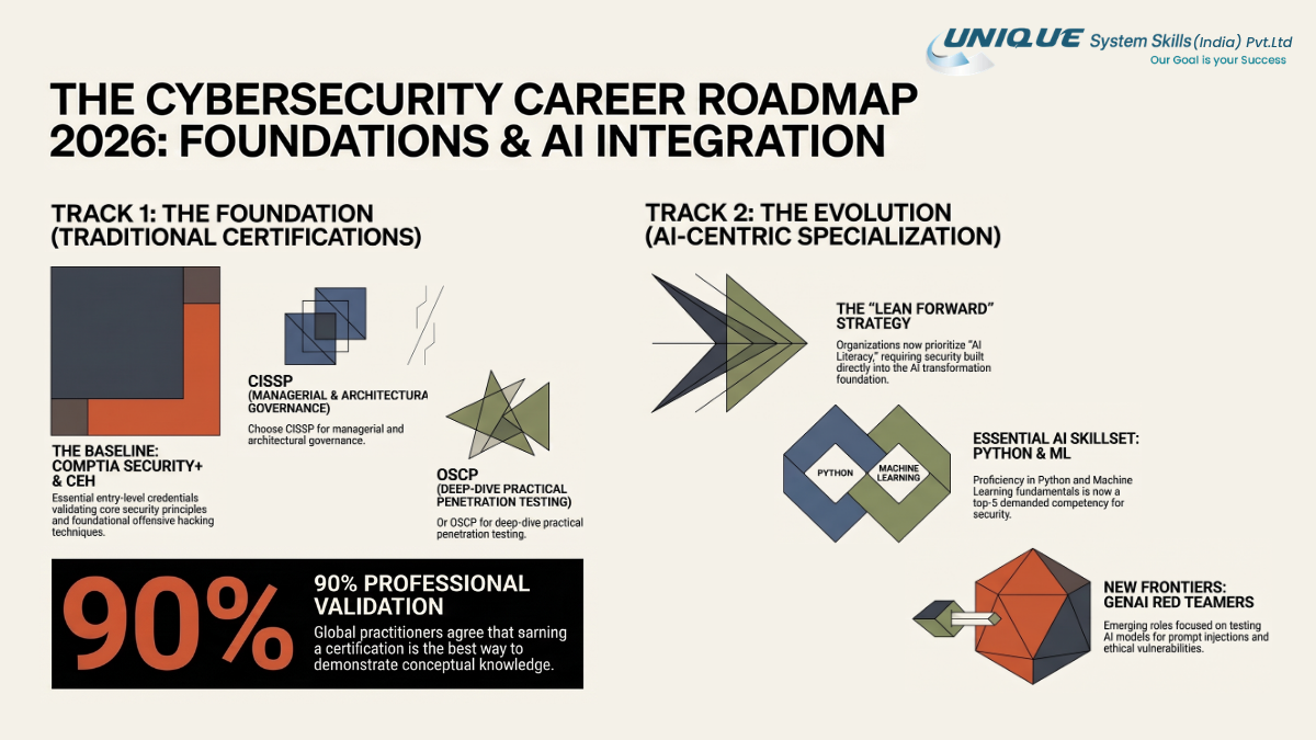 Cybersecurity career roadmap 2026 showing certifications, AI skills, Python, machine learning and GenAI red teaming