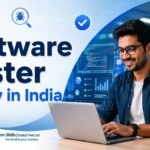 Software Tester Salary in India with an Indian software tester working on a laptop, QA testing icons, rupee symbol, and salary growth chart.