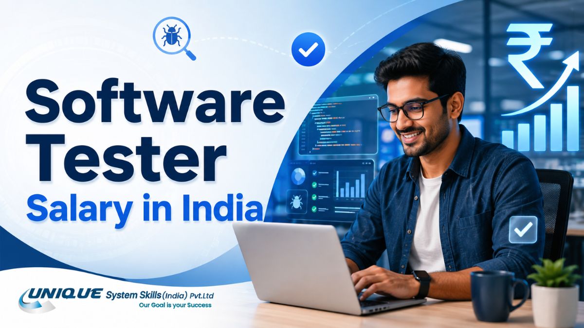 Software Tester Salary in India with an Indian software tester working on a laptop, QA testing icons, rupee symbol, and salary growth chart.