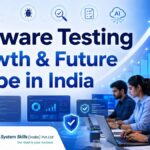 Software Testing Growth & Future Scope in India featuring QA professionals, automation dashboards, AI testing icons, and career growth charts.