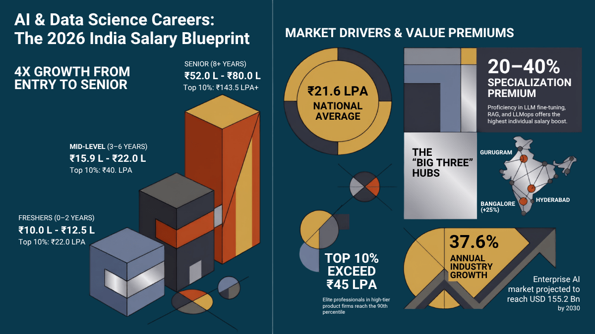 Artificial Intelligence Engineer Salary in India 2 AI and Data Science career salary infographic showing 2026 India salary ranges, growth from fresher to senior roles, market drivers, specialization premiums, and top AI job hubs.