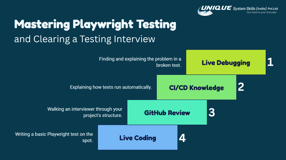 Best Software Testing Classes in Pune for 2026: Fees, Syllabus & Placement Guide 3 Infographic titled “Mastering Playwright Testing and Clearing a Testing Interview” showing four key interview preparation stages: Live Debugging, CI/CD Knowledge, GitHub Review, and Live Coding, arranged as ascending steps with explanations for each skill.