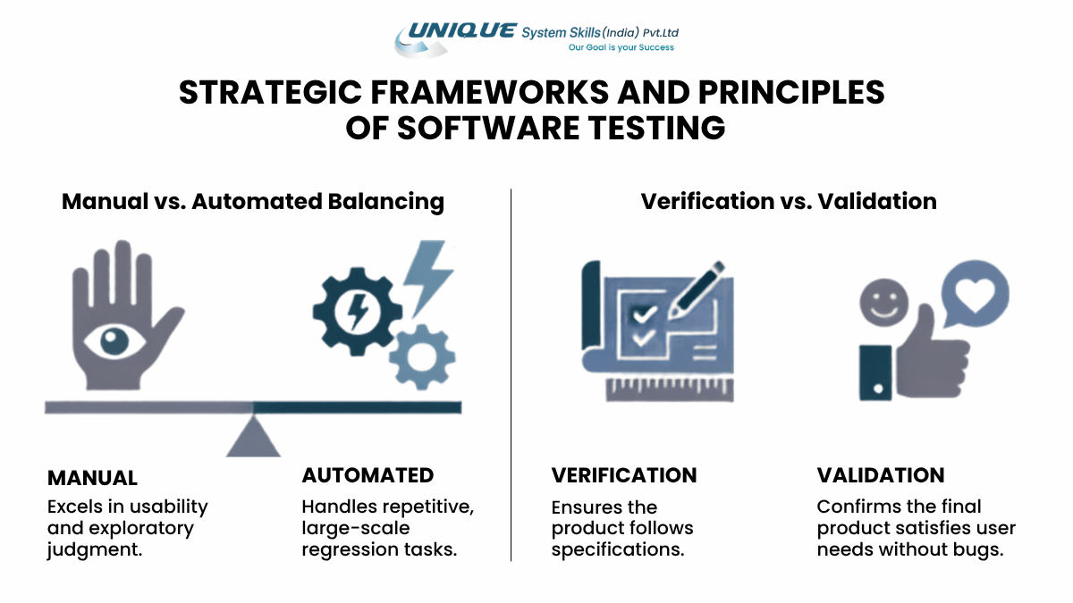 Software Testing Interview Questions: The Complete Guide for IT Professionals in India 3 Strategic frameworks and principles of software testing infographic comparing manual vs automated testing and verification vs validation concepts.