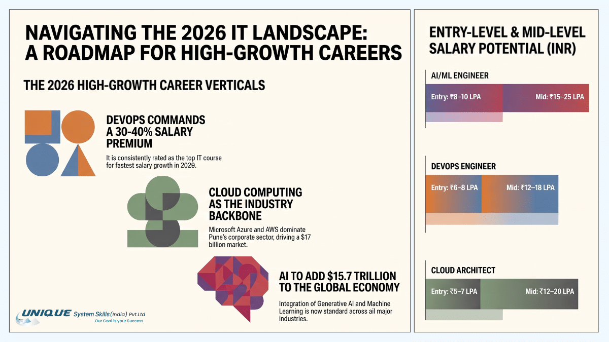 Top 10 Best IT Training Institutes in Pune (2026) With Placement 3 IT career roadmap showing high-growth roles in AI/ML, DevOps, and cloud computing with entry-level and mid-level salary ranges in India.