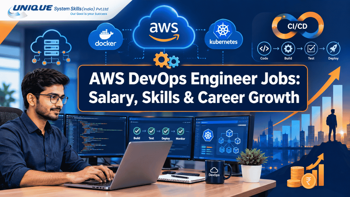 AWS DevOps Engineer career guide featuring an Indian DevOps professional, AWS cloud, Docker, Kubernetes, CI/CD pipelines, and career growth graphics.