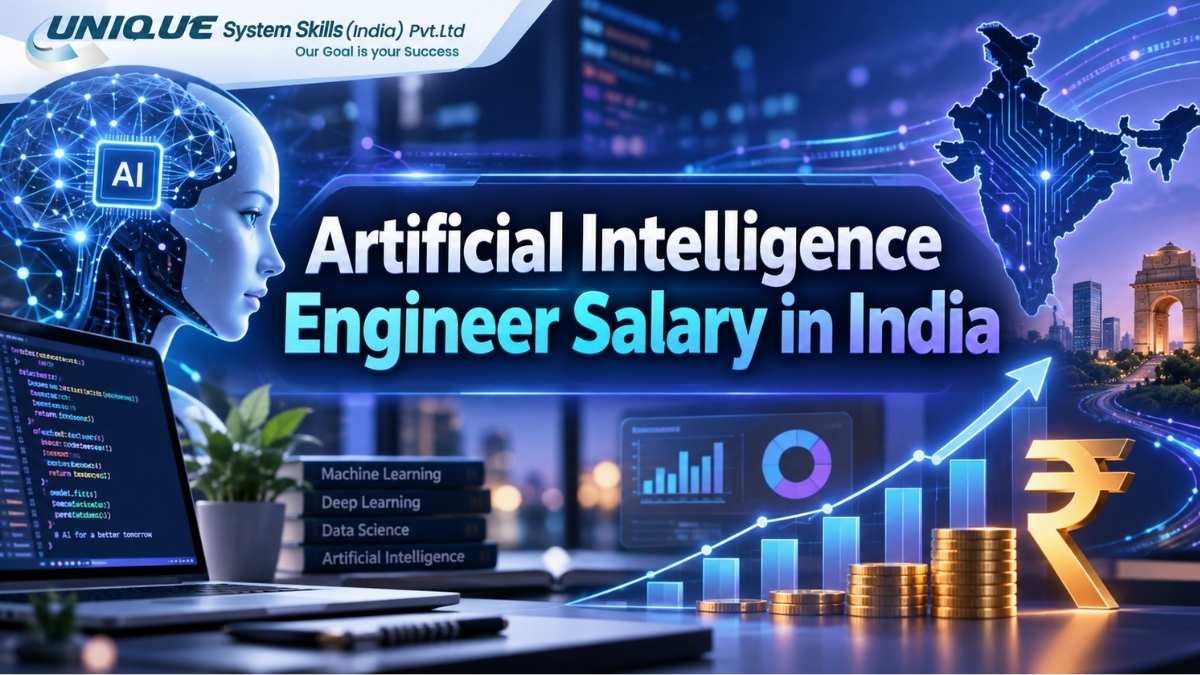 Artificial Intelligence Engineer Salary in India blog banner featuring AI technology, salary growth charts, data analytics dashboard, Indian tech background, and career opportunities.