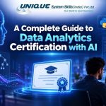 Data analytics certification with AI featuring dashboards, Python, SQL, cloud computing, AI technology and a professional data analyst