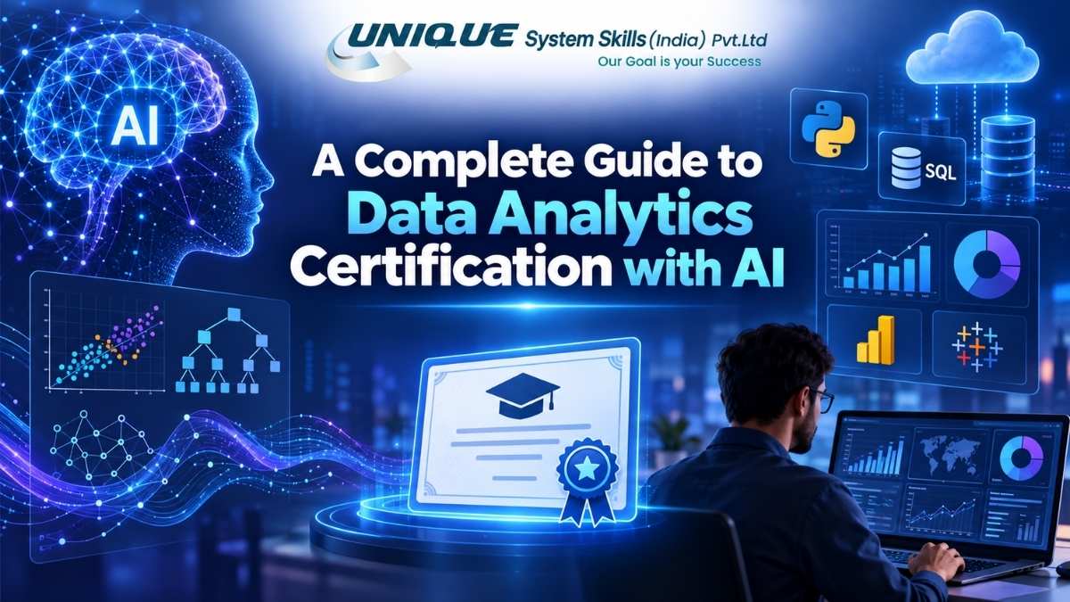 Data analytics certification with AI featuring dashboards, Python, SQL, cloud computing, AI technology and a professional data analyst