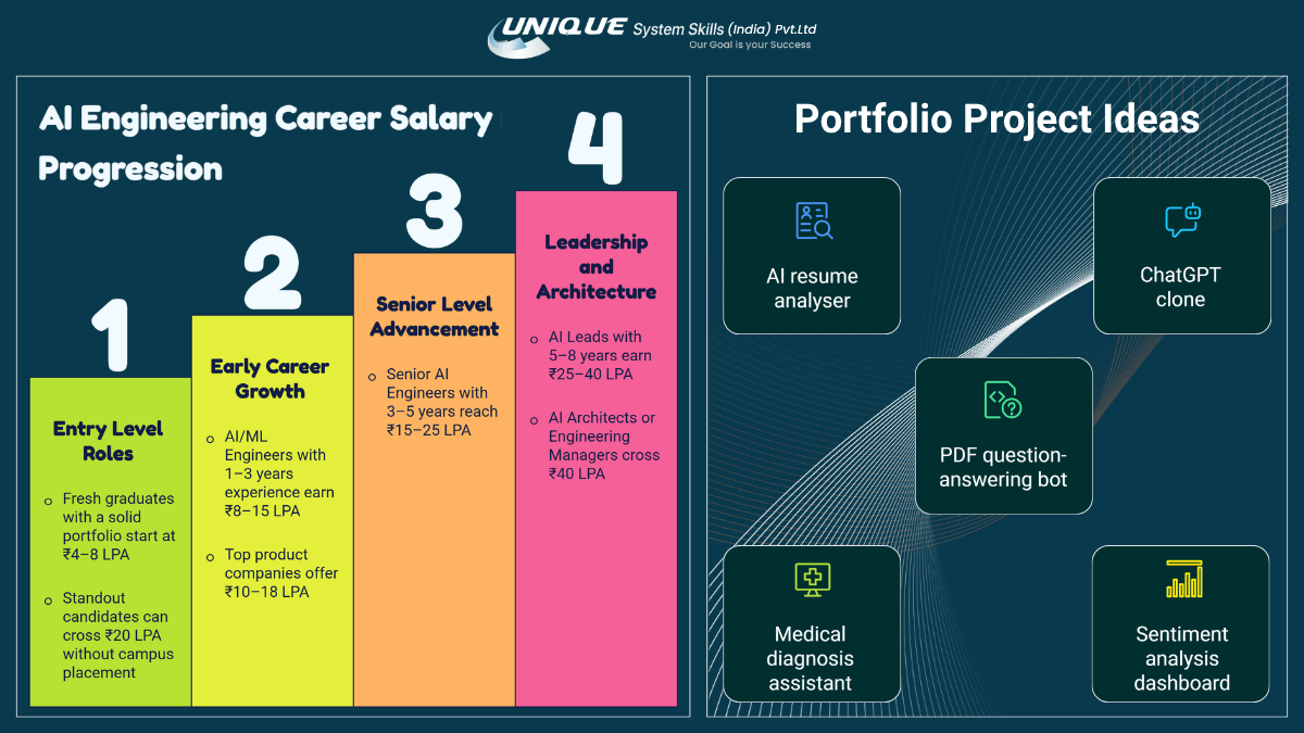 Artificial Intelligence Growth & Future Scope in India 3 AI engineering career salary progression infographic showing entry-level to leadership roles and AI portfolio project ideas including ChatGPT clone, AI resume analyser, and question-answering bots.