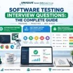 Software Testing Interview Questions complete guide banner featuring manual testing, automation testing, STLC workflow, bug tracking, and QA interview preparation concepts.