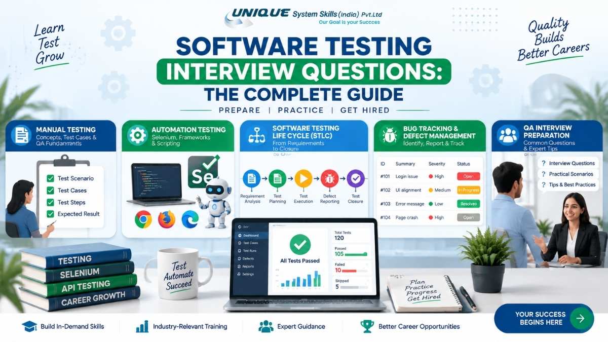 Software Testing Interview Questions complete guide banner featuring manual testing, automation testing, STLC workflow, bug tracking, and QA interview preparation concepts.