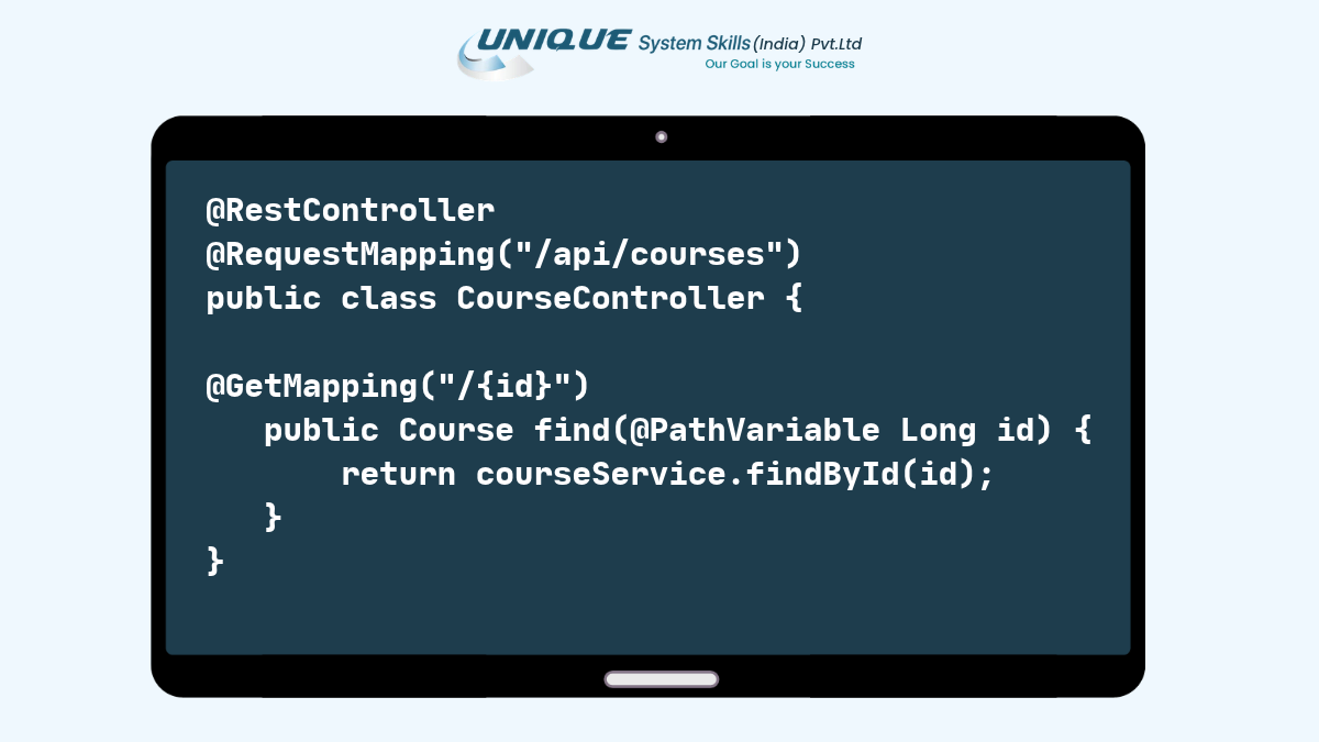 Spring vs Spring Boot vs MVC: Complete Guide 3 Java Spring REST controller code using @GetMapping and @PathVariable to retrieve a course by ID at /api/courses/{id}.