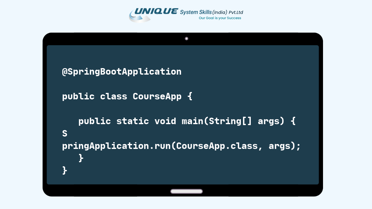 Spring vs Spring Boot vs MVC: Complete Guide 4 Spring Boot CourseApp class showing @SpringBootApplication and a main method that calls SpringApplication.run.